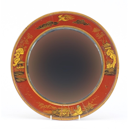 328 - Circular Chinese chinoiserie lacquered wall mirror with bevelled plate gilded with figures and pagod... 