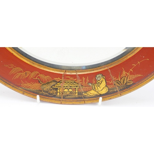 328 - Circular Chinese chinoiserie lacquered wall mirror with bevelled plate gilded with figures and pagod... 