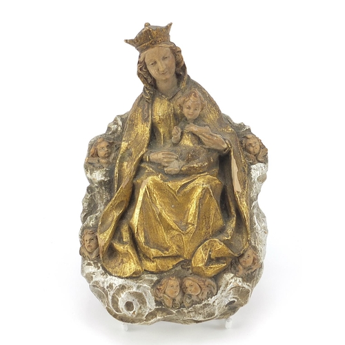 26 - 19th century Continental gilt and silvered carved wood icon of Madonna and child, 16.5cm high