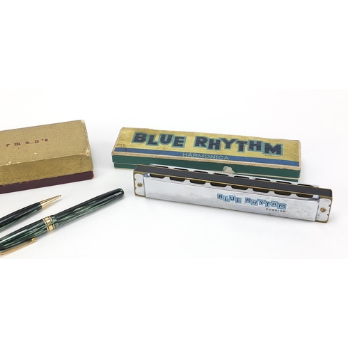 239 - Watermans green marbleised fountain pen and propelling pencil with gold nib and two harmonicas compr... 