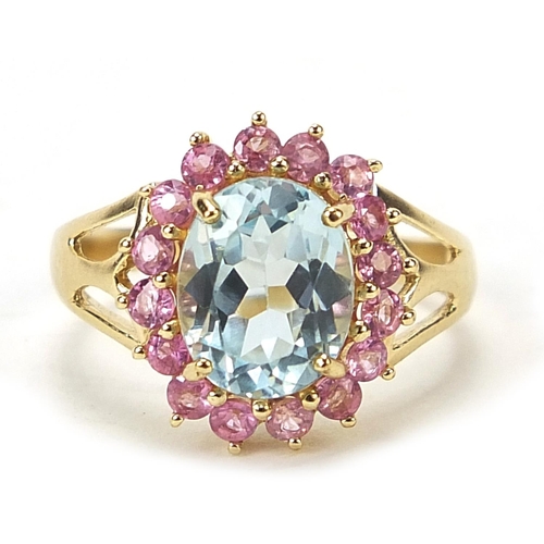 1071 - 9ct gold pink and blue sapphire ring, size N, 3.8g