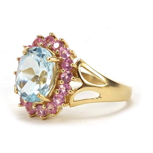 1071 - 9ct gold pink and blue sapphire ring, size N, 3.8g