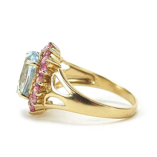 1071 - 9ct gold pink and blue sapphire ring, size N, 3.8g