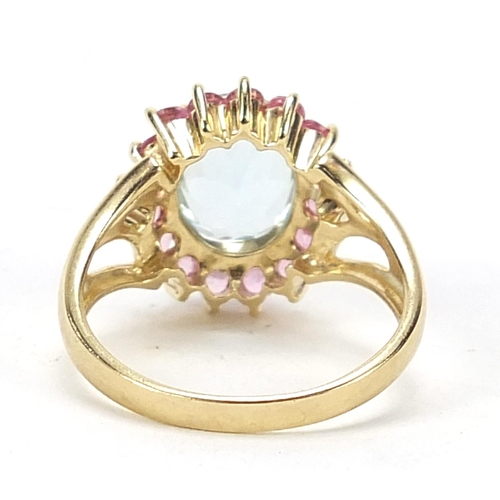 1071 - 9ct gold pink and blue sapphire ring, size N, 3.8g