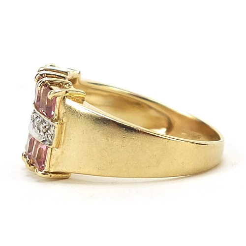 979 - 9ct gold pink stone and diamond three row ring, size N, 4.1g