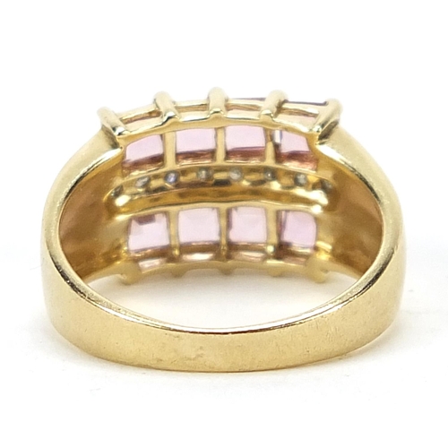 979 - 9ct gold pink stone and diamond three row ring, size N, 4.1g