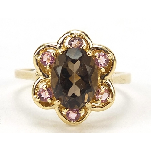 579 - 9ct gold smoky quartz and pink stone ring with pierced setting, size N, 3.0g