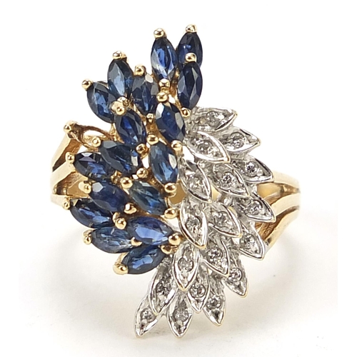 700 - 9ct gold diamond and sapphire cocktail ring, size L, 4.6g