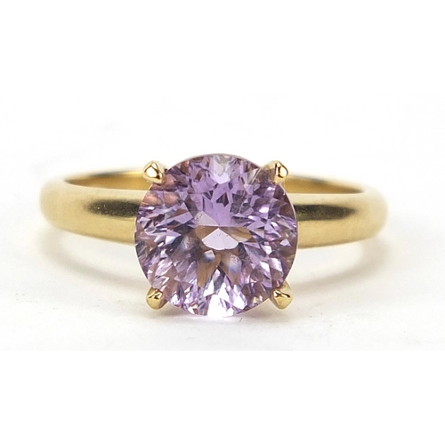 649 - 9ct gold purple stone solitaire ring, size N, 2.8g