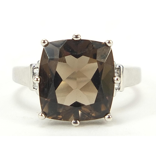 744 - 9ct white gold smoky quartz and diamond ring, size N, 3.6g