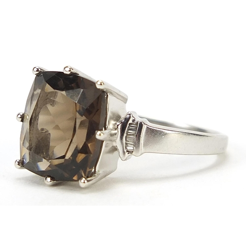 744 - 9ct white gold smoky quartz and diamond ring, size N, 3.6g