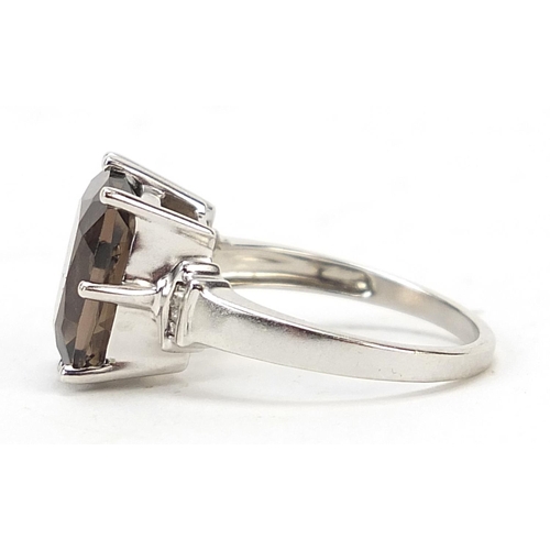 744 - 9ct white gold smoky quartz and diamond ring, size N, 3.6g