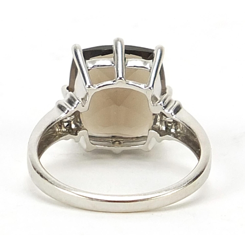 744 - 9ct white gold smoky quartz and diamond ring, size N, 3.6g