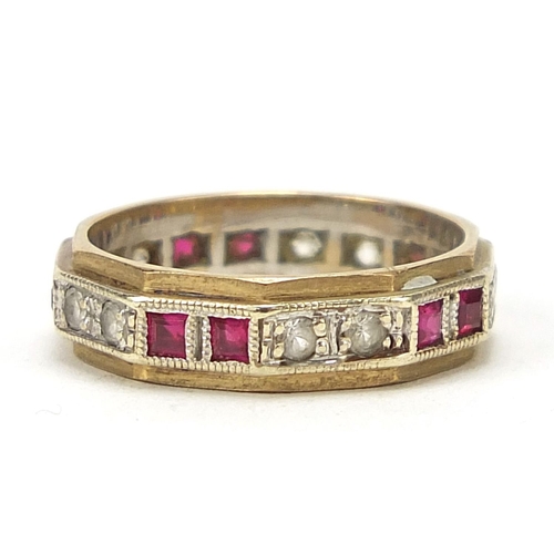 501 - Unmarked gold ruby and white sapphire eternity ring, size N, 3.7g