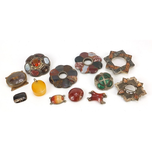 886 - Antique and later Scottish silver, agate, citrine and malachite brooches, the largest 6cm wide