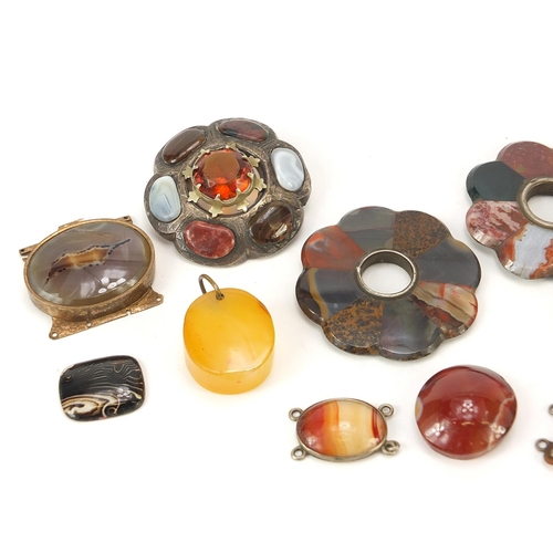 886 - Antique and later Scottish silver, agate, citrine and malachite brooches, the largest 6cm wide