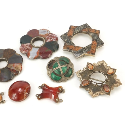 886 - Antique and later Scottish silver, agate, citrine and malachite brooches, the largest 6cm wide