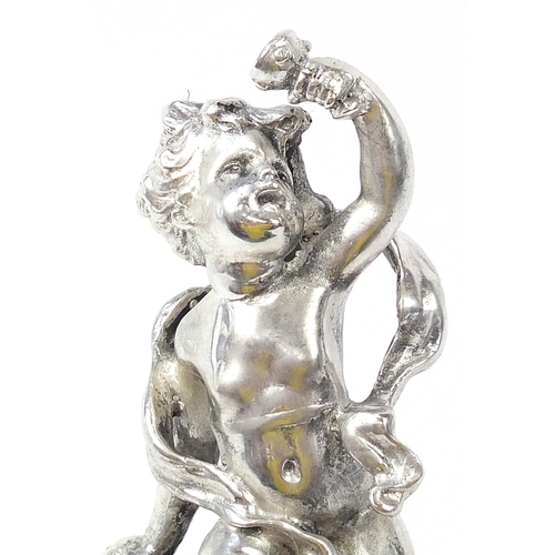 608 - Large classical silver plated stein decorated in relief with a maiden and Putti, 42cm high