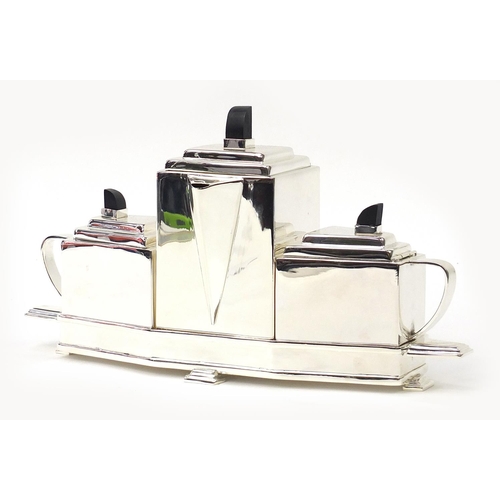 527 - Art Deco style Modernist three piece silver plated tea set on tray in the style of Christopher Dress... 