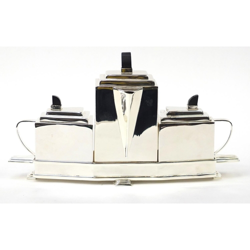 527 - Art Deco style Modernist three piece silver plated tea set on tray in the style of Christopher Dress... 