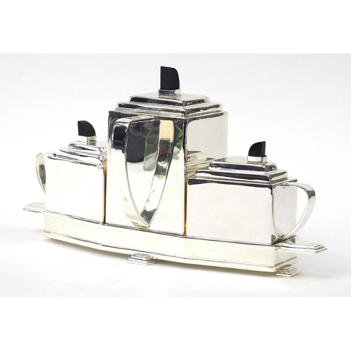 527 - Art Deco style Modernist three piece silver plated tea set on tray in the style of Christopher Dress... 