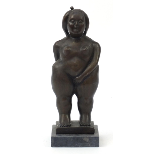 323 - Patinated bronze study of a semi nude female in the style Ferdinand Botero raised on a square marble... 