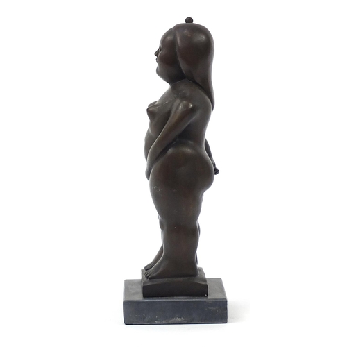 323 - Patinated bronze study of a semi nude female in the style Ferdinand Botero raised on a square marble... 