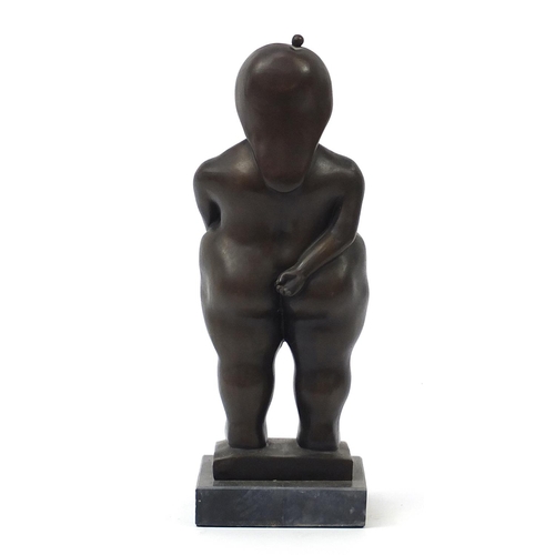 323 - Patinated bronze study of a semi nude female in the style Ferdinand Botero raised on a square marble... 