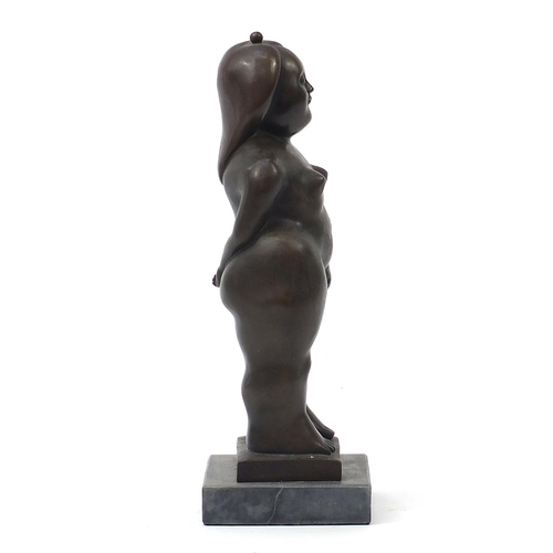 323 - Patinated bronze study of a semi nude female in the style Ferdinand Botero raised on a square marble... 