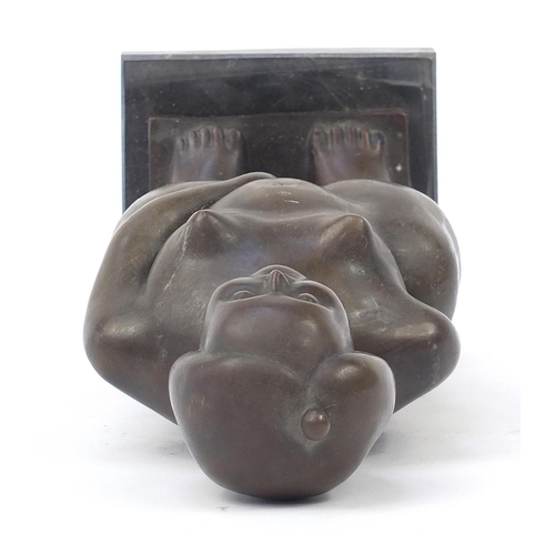 323 - Patinated bronze study of a semi nude female in the style Ferdinand Botero raised on a square marble... 