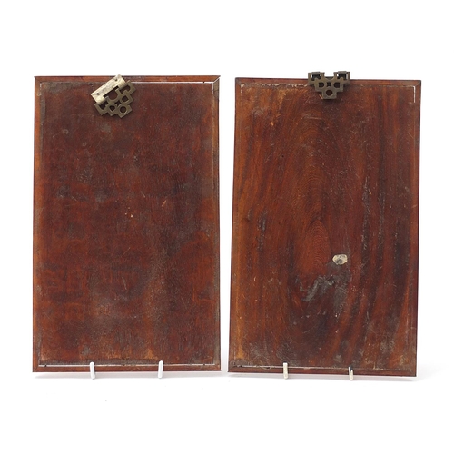 834 - Pair of Chinese hardwood panels with carved soapstone inlay, each depicting an Elder and Emperor hol... 