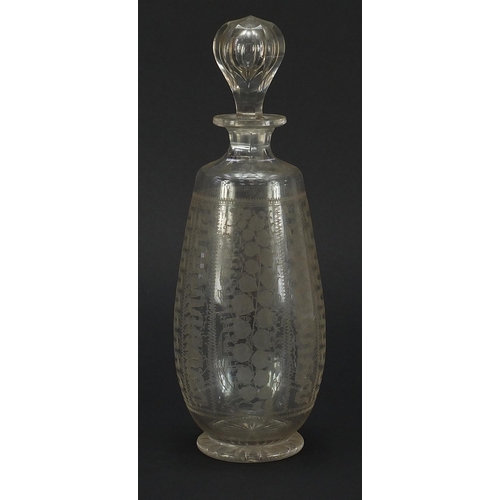 903 - Edwardian glass decanter acid etched with foliage within Greek key borders, 28cm high