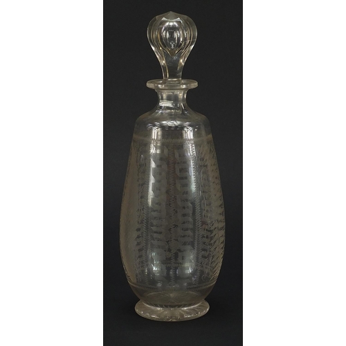 903 - Edwardian glass decanter acid etched with foliage within Greek key borders, 28cm high