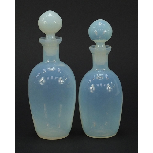 80 - Matched pair of 19th century vaseline glass scent bottles, the largest 18cm high