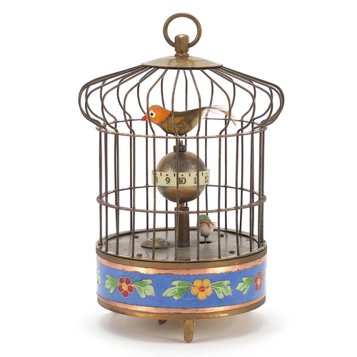 857 - Brass clockwork automaton bird cage alarm clock with cloisonné band, 21cm high