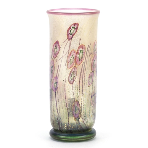 322 - Isle of Wight iridescent glass vase decorated with flowers, 16cm high