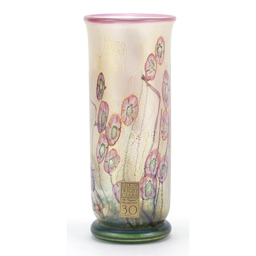 322 - Isle of Wight iridescent glass vase decorated with flowers, 16cm high