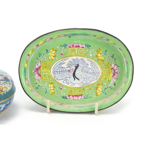 838 - Chinese cloisonné bun box and cover and a pair of Canton enamel dishes each hand painted with a phoe... 