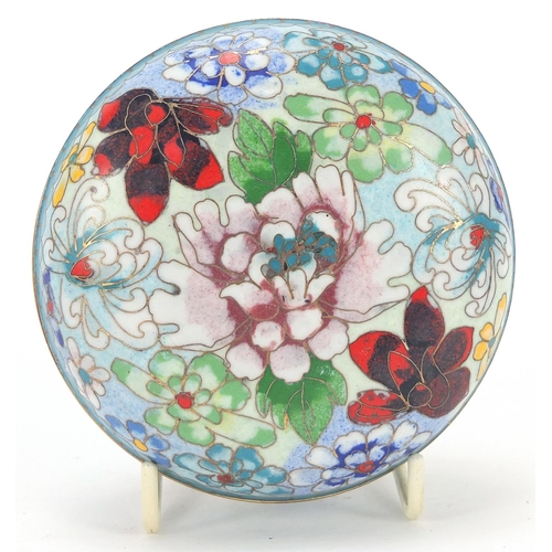 838 - Chinese cloisonné bun box and cover and a pair of Canton enamel dishes each hand painted with a phoe... 