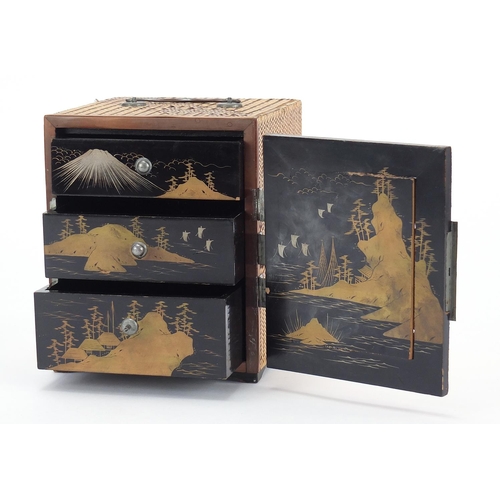 281 - Japanese straw work and black lacquered kodansu with metal mounts hand painted with landscapes to th... 