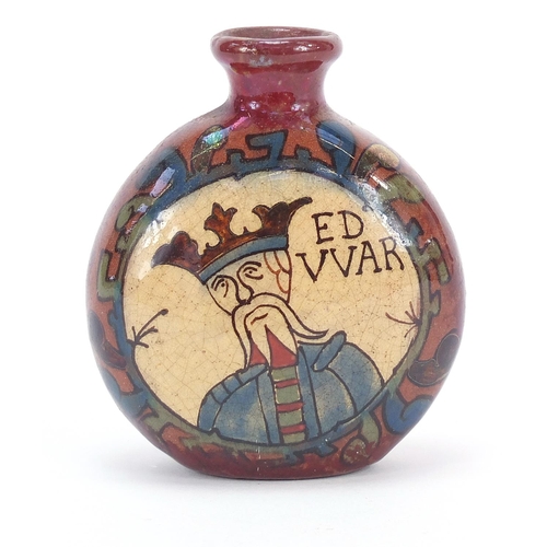 870 - Continental red glazed pottery flask hand painted with a portrait inscribed Ed VVar, 10.5cm high