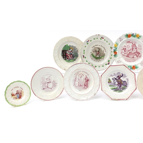 865 - Eleven 19th century nursery ware printed plates including Pilgrim's Progress and The Morning Walk, t... 