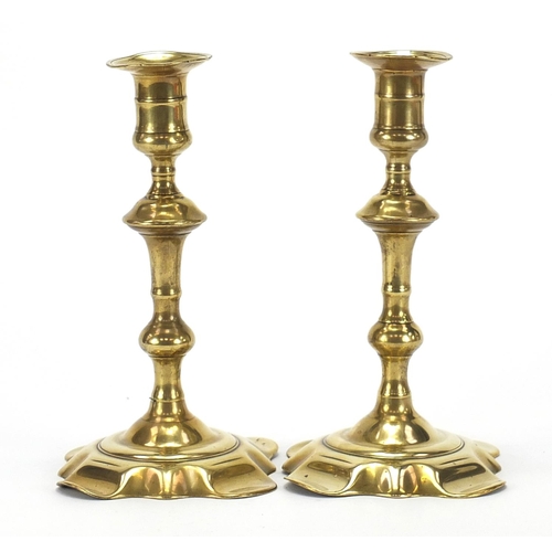 31 - Pair of 18th century brass candlesticks, each 20.5cm high