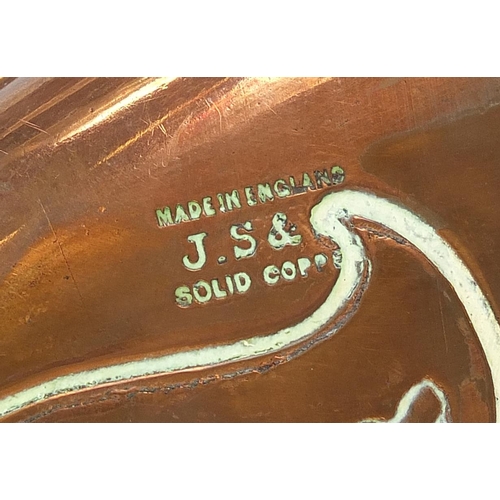 530 - Joseph Sankey & Sons, Arts & Crafts copper and brass three footed tray with twin handles embossed wi... 