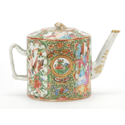 921 - Chinese Canton porcelain teapot hand painted in the famille rose palette with figures, flowers and i... 