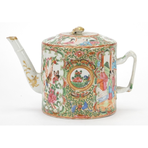 921 - Chinese Canton porcelain teapot hand painted in the famille rose palette with figures, flowers and i... 