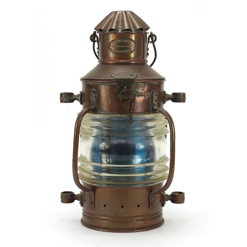 684 - Large copper ship's lantern with Tabernier Ostend plaque, numbered 3682, 41cm high