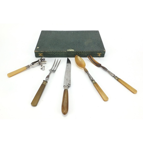 157 - Early 20th century French five piece carving set, with silver plated mounts, some with horn handles/... 