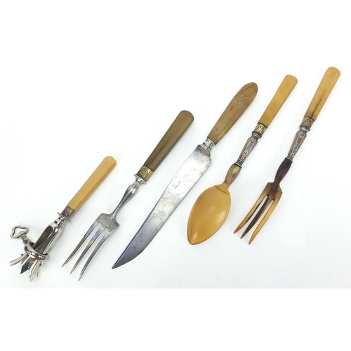 157 - Early 20th century French five piece carving set, with silver plated mounts, some with horn handles/... 