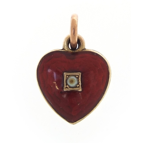 248 - Antique unmarked gold and enamel love heart charm, set with a seed pearl, 1.2cm high, 0.8g